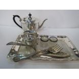White metal tray, silver plated bowl, silver plated tea pot, silver plated fish server & 2 silver