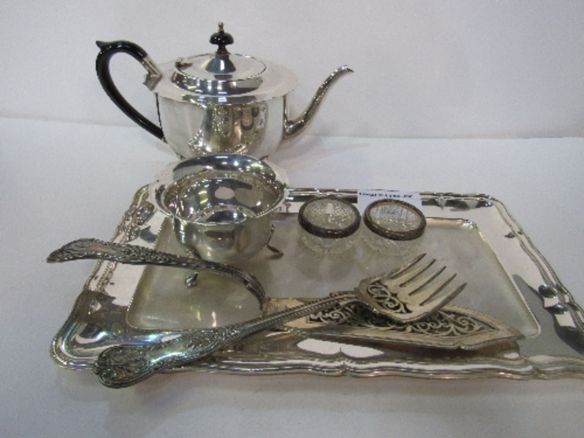 White metal tray, silver plated bowl, silver plated tea pot, silver plated fish server & 2 silver