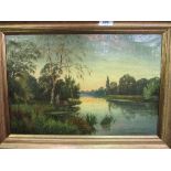 Large gilt framed oil on canvas of 2 ladies punting, signed, 64cms x 89cms - frame size. Estimate £