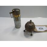 Early 1930's perfume atomiser & silver plated pot on tripod legs by Hukin & Heath. Estimate £20-40.