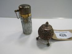 Early 1930's perfume atomiser & silver plated pot on tripod legs by Hukin & Heath. Estimate £20-40.