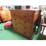 Mahogany chest of 2 over 3 graduated drawers, 115cms x 48cms x 116cms. Estimate £80-120.