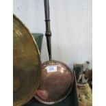 Copper long-handled bed warming pan. Estimate £5-10.