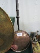 Copper long-handled bed warming pan. Estimate £5-10.