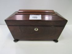 Rosewood tea caddy c/w 2 hinged boxes & glass mixing bowl & a mother of pearl escutcheon.