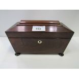 Rosewood tea caddy c/w 2 hinged boxes & glass mixing bowl & a mother of pearl escutcheon.