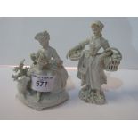 2 German white porcelain figurines, 2 ladies, 1 seated with sheep & basket of flowers & other