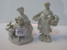 2 German white porcelain figurines, 2 ladies, 1 seated with sheep & basket of flowers & other