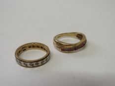 9ct gold & diamond band & 9ct gold red stone & diamond band, total 6.2gms. Estimate £60-80.