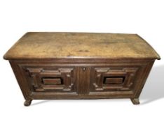 17th century oak chest with iron carry handles, geometric applied moulding & original lock. 137cms x