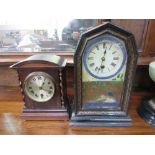 Oak case pendulum mantle clock & an old pine cased mantle clock by Union Clock Company. Estimate £