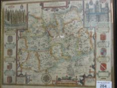 3 framed & glazed maps: Surrey hand coloured engraving, 1610; Warwickshire & Hampshire engraving,