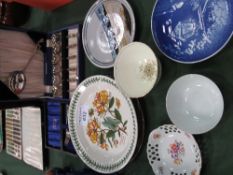 Portmeirion plate, Scottish art pottery plate, 2 boxes of silver plated cutlery & other china