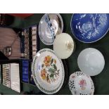 Portmeirion plate, Scottish art pottery plate, 2 boxes of silver plated cutlery & other china