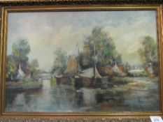 Gilt framed oil on canvas signed Rolands, 1922 of river scene.