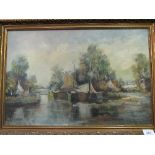 Gilt framed oil on canvas signed Rolands, 1922 of river scene.