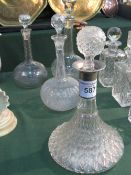 Ships cut glass decanter & 3 bulb-shaped decanters. Estimate £30-40.
