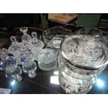 5 glass scent bottles, glass candleholder, 2 cut glass fruit bowls, a cut glass bowl with silver