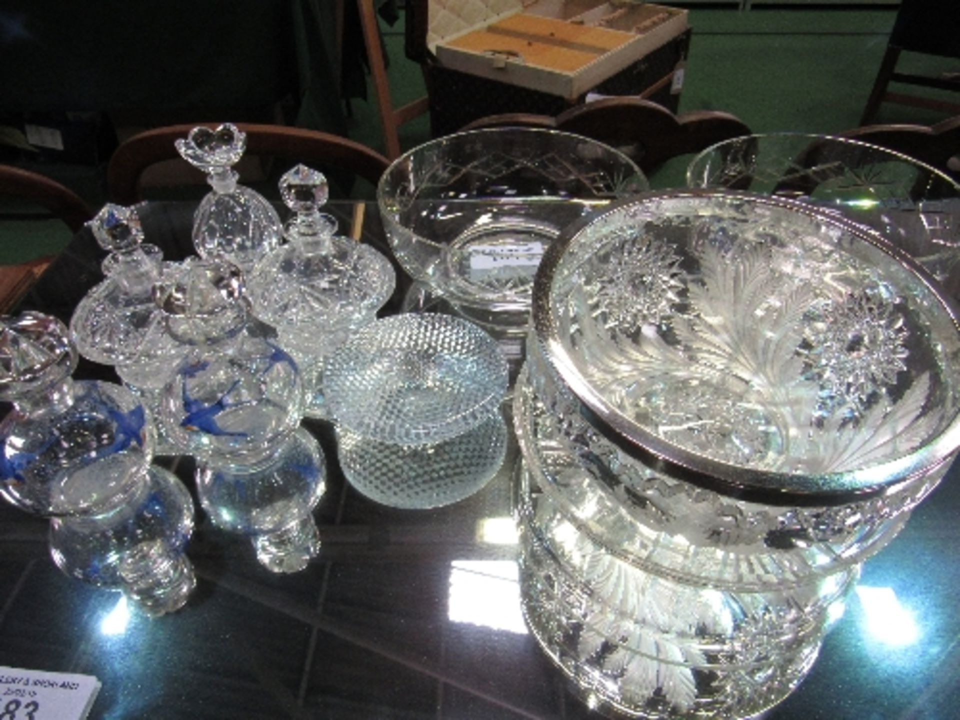 5 glass scent bottles, glass candleholder, 2 cut glass fruit bowls, a cut glass bowl with silver