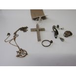 Silver crucifix pendant, silver cat brooch, 1 silver earring, marcasite earrings, chains & a