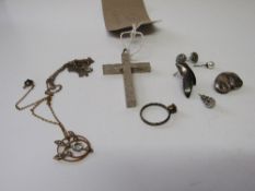 Silver crucifix pendant, silver cat brooch, 1 silver earring, marcasite earrings, chains & a