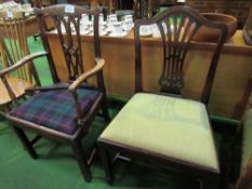 Mahogany framed carver chair with drop-in seat & a mahogany framed dining chair with drop-in seat.