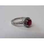 18ct white gold, ruby & diamond ring, wt 5.5gms, size K 1/2. Estimate £560-600.