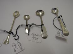 4 condiment spoons, London 1907, Sheffield 1896, Exeter 1865 & Cont. 800. Estimate £10-20.