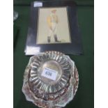 2 unframed SPY prints of jockeys & a qty of various plates including 2 Sheffield silver plated