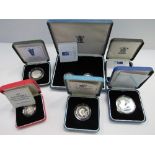 6 Royal Mint UK silver proof commemorative coins, 1993-1998 with certificates. Estimate £50-60.