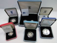 6 Royal Mint UK silver proof commemorative coins, 1993-1998 with certificates. Estimate £50-60.