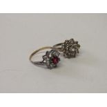 9ct gold cluster ring, size L, 2.8gms & a 9ct gold on silver red & clear stone, 2.4gms