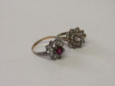 9ct gold cluster ring, size L, 2.8gms & a 9ct gold on silver red & clear stone, 2.4gms