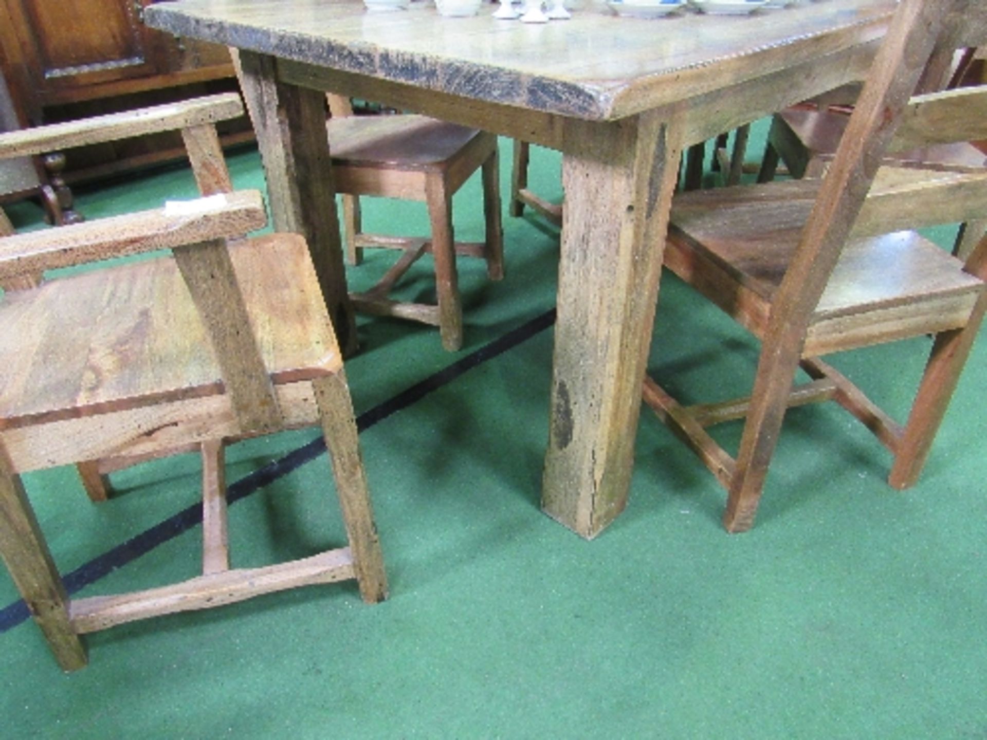 Mango wood kitchen table on block supports together with 4 matching chairs & 2 carvers. 195cms x - Image 3 of 3