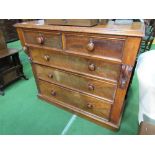 Mahogany chest of 2 over 3 graduated drawers, 115cms x 51cms x 104cms. Estimate £30-50.