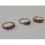 9ct gold seed pearl & orange stone ring, 9ct gold red stone & diamond ring & 9ct gold emerald &