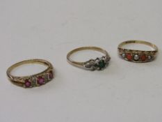 9ct gold seed pearl & orange stone ring, 9ct gold red stone & diamond ring & 9ct gold emerald &