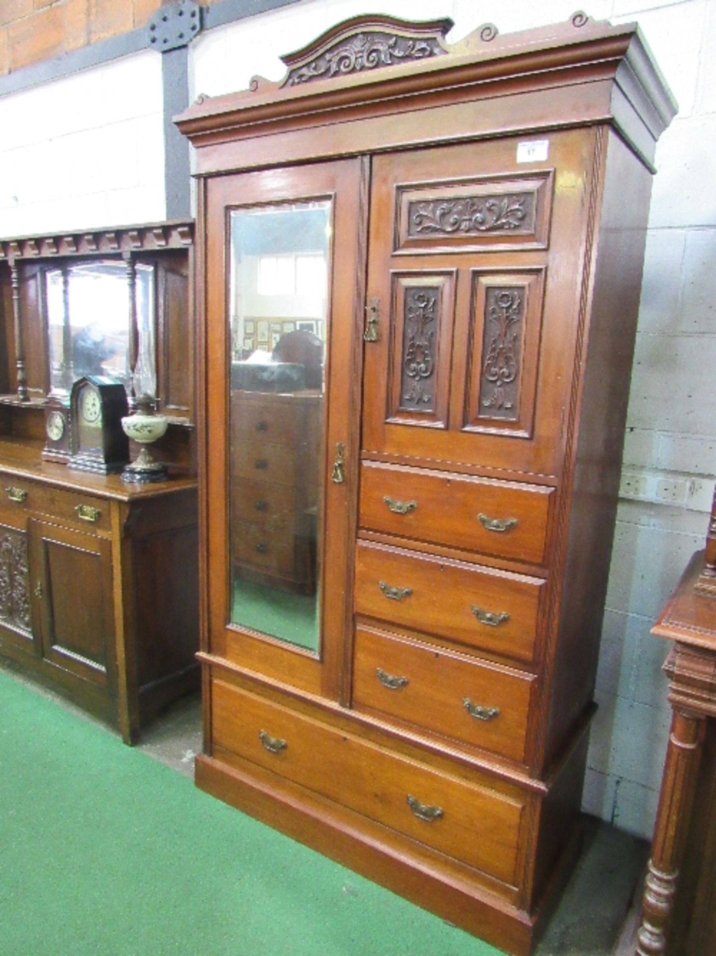 Edwardian gentleman's wardrobe with mirrored door, hanging space, small cupboard above 3 drawers & - Image 2 of 2