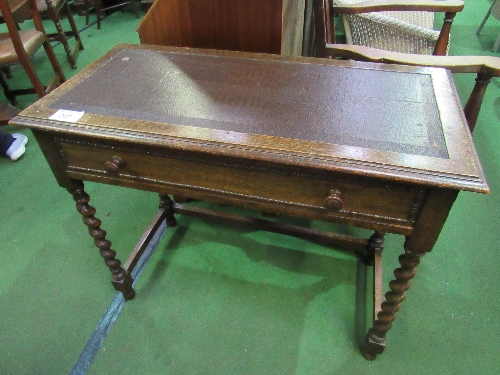 Oak writing table with barley twist legs, frieze drawers & leather skiver, 91cms x 45cms x 72cms.