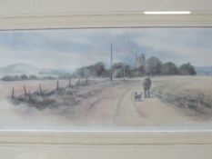 Framed & glazed limited edition print 40/850 by J Hodder of a man & dog in a rural lane; framed &