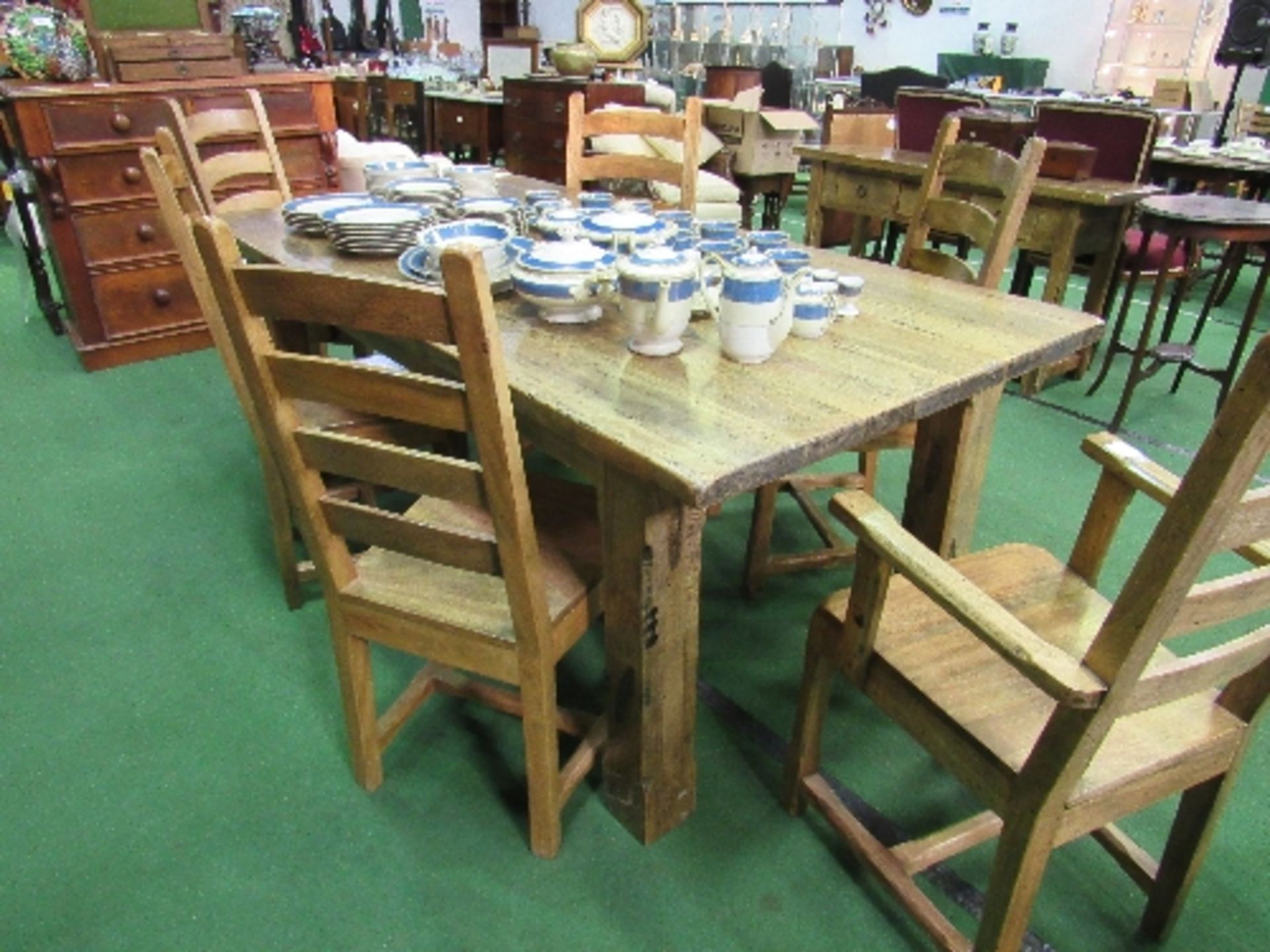 Mango wood kitchen table on block supports together with 4 matching chairs & 2 carvers. 195cms x - Image 2 of 3