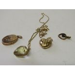 9ct gold locket, 9ct gold heart pendant, 9ct gold & sapphire heart pendant & citrine pendant on