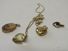 9ct gold locket, 9ct gold heart pendant, 9ct gold & sapphire heart pendant & citrine pendant on