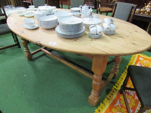 Drop-leaf oval shaped pine table on turned supports & stretcher, 200cms x 117cms (max) x 78cms. - Image 2 of 2