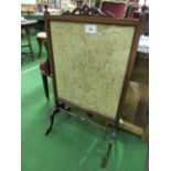 Mahogany tapestry fire screen, 58cms width x 98cms height. Estimate £20-30.