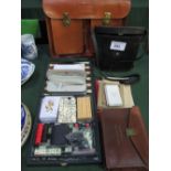 Travelling games case, Sheaffer pen, Masonic items, leather document case & a pair of binoculars