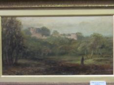 Gilt framed picture on card of countryside scene with church. Estimate £10-20.