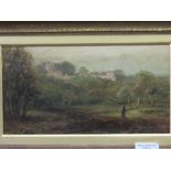 Gilt framed picture on card of countryside scene with church. Estimate £10-20.