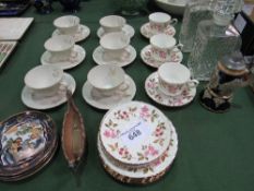 2 glass decanters, small Wade boat, Royal Standard cups & saucers, a set of 6 cups & saucers & a