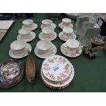 2 glass decanters, small Wade boat, Royal Standard cups & saucers, a set of 6 cups & saucers & a